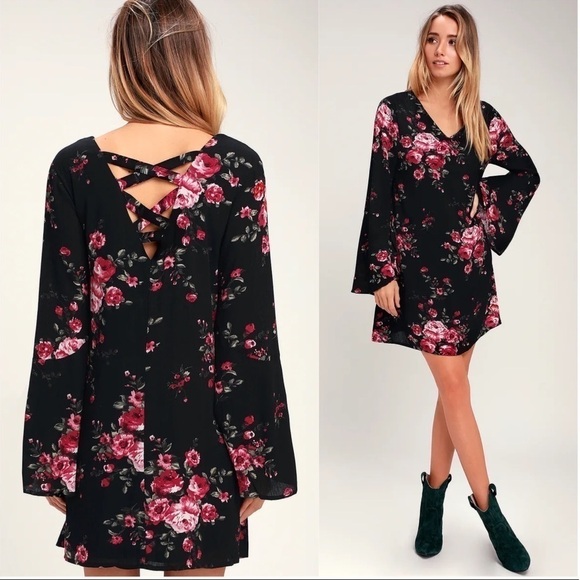 LULU’S Ever Enchanting Black Floral Print Long Sleeve Shift Dress - Picture 2 of 4